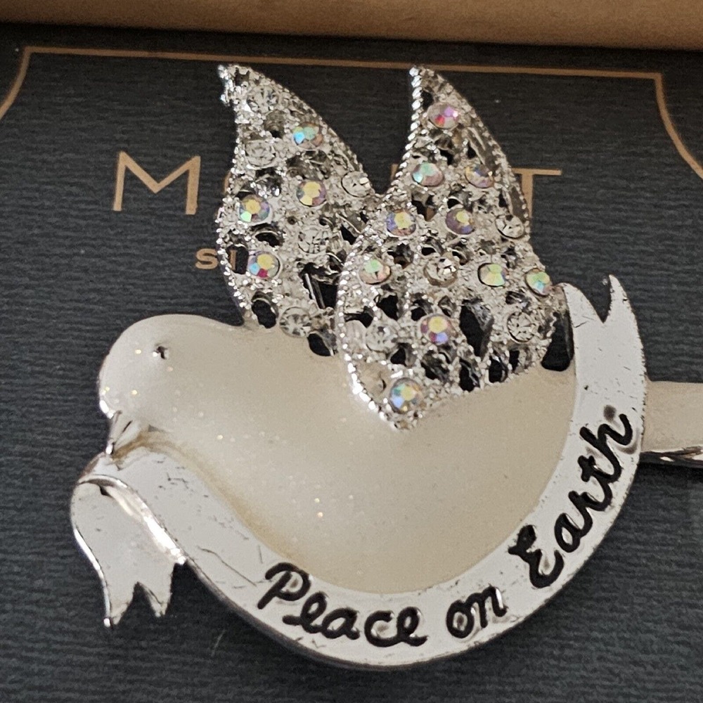 Estate Monet White Sparkly Enamel PEACE ON EARTH Dove with Aurora Borealis Rhine